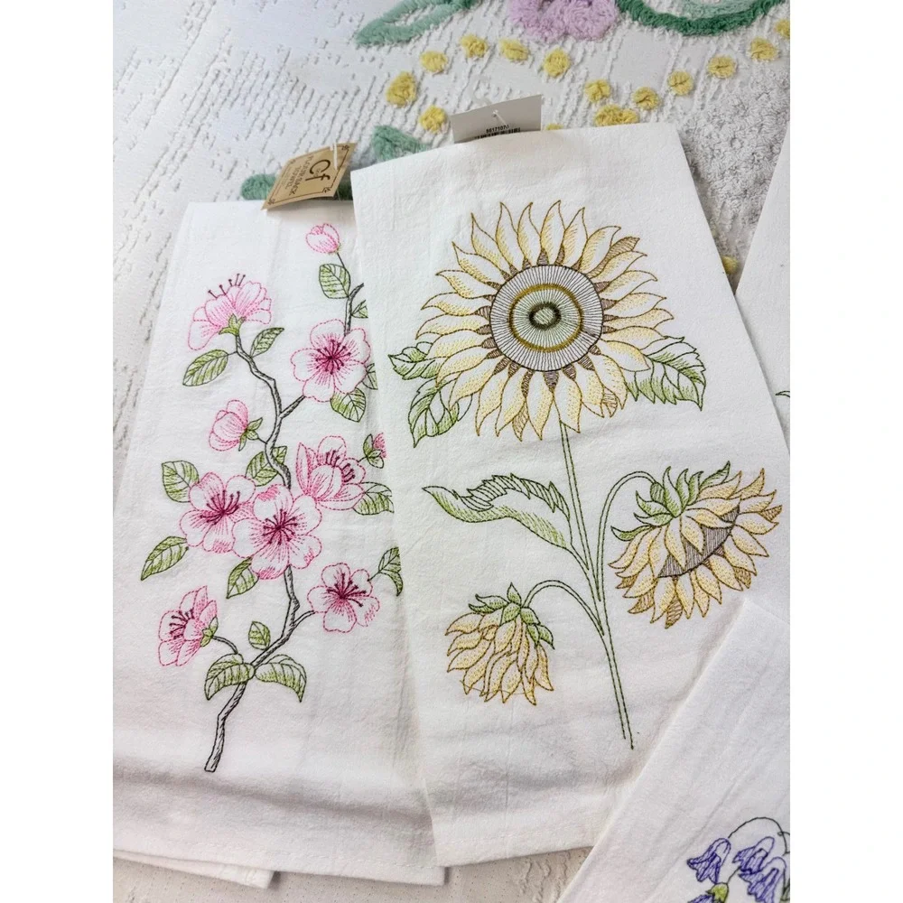 C&F Home Floral Embroidered Flour Sack Kitchen Towels Set of 5 Cotton White New